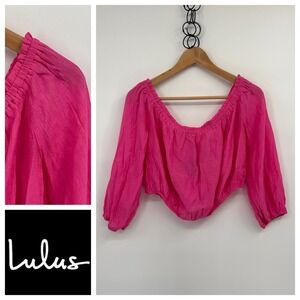 NWT Lulus Womens Pink Crop Top Ruched‎ Off Shoulder 3/4 Sleeve Blouse Size L